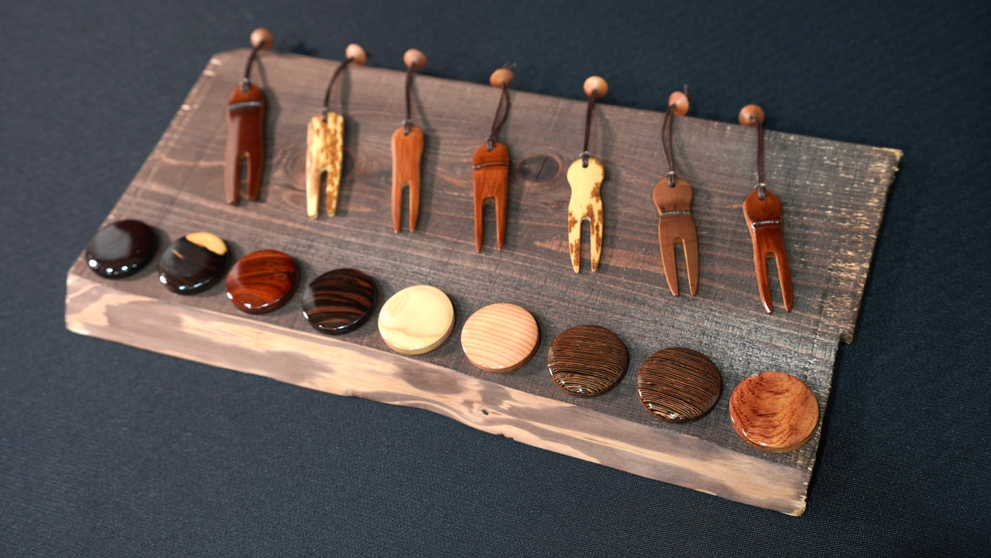 【刻印無料】銘木ゴルフマーカー+竹製フォークセット