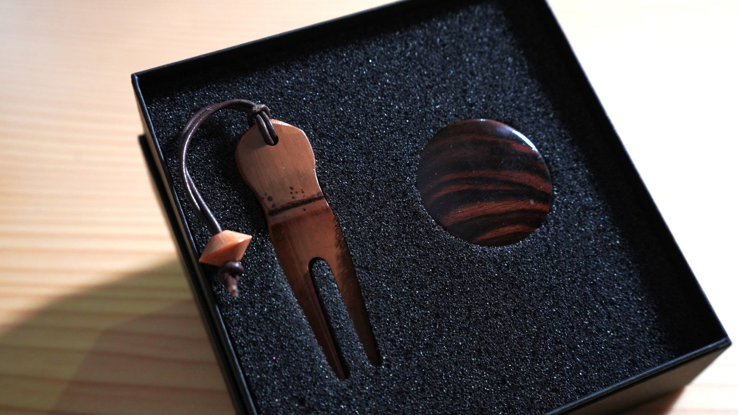 【刻印無料】銘木ゴルフマーカー＋竹製フォークセット